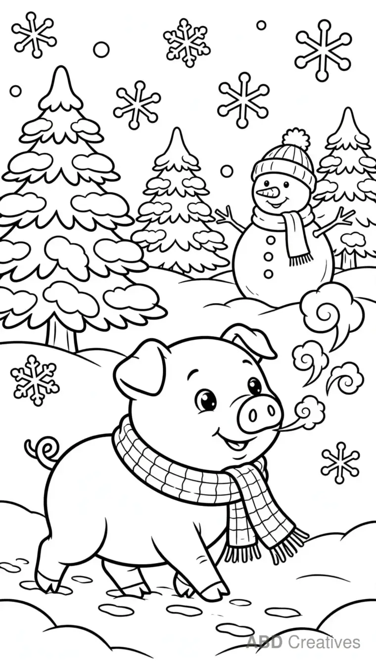 Pig Walking in Winter Snow Wearing a Scarf Coloring Page