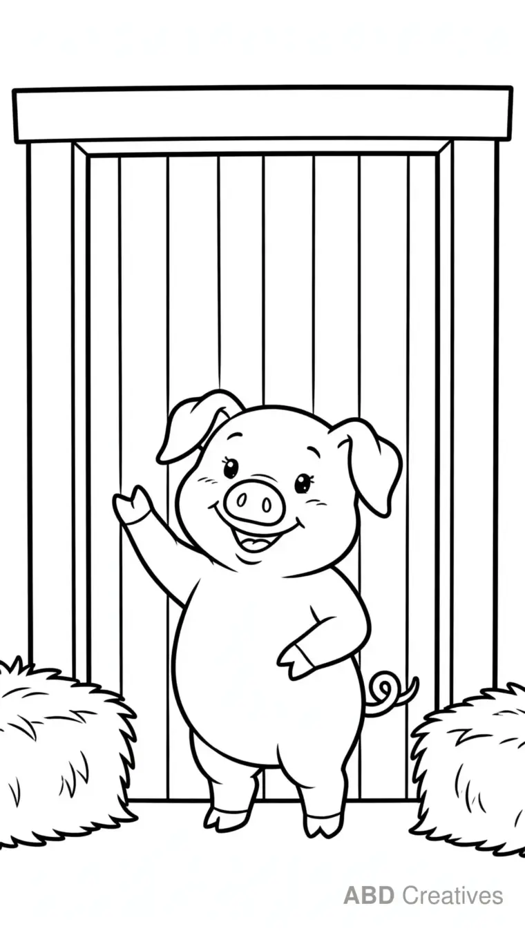 Pig Waving Hello at the Barn Door Coloring Page