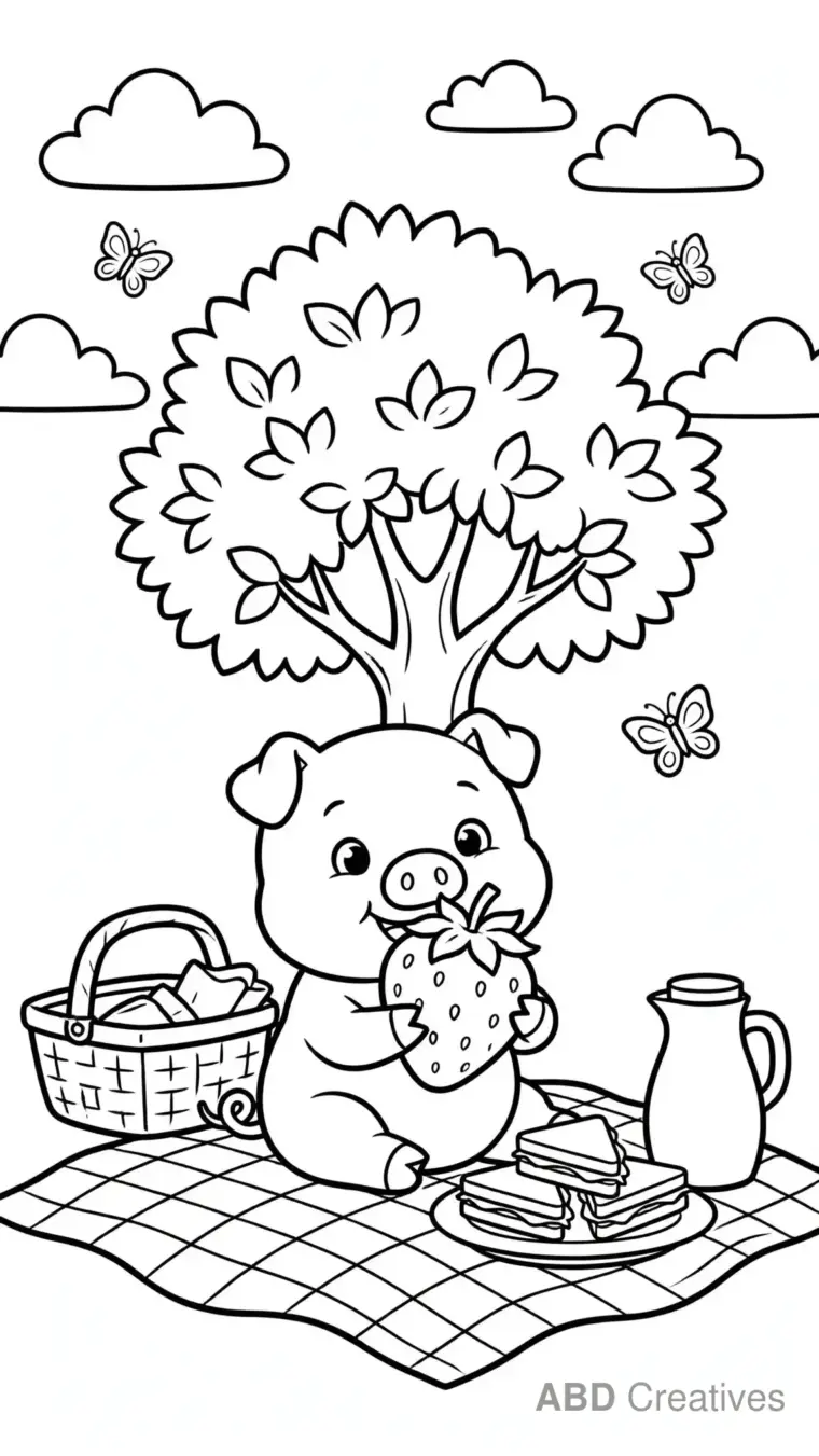 Pig at a Strawberry Picnic Coloring Page