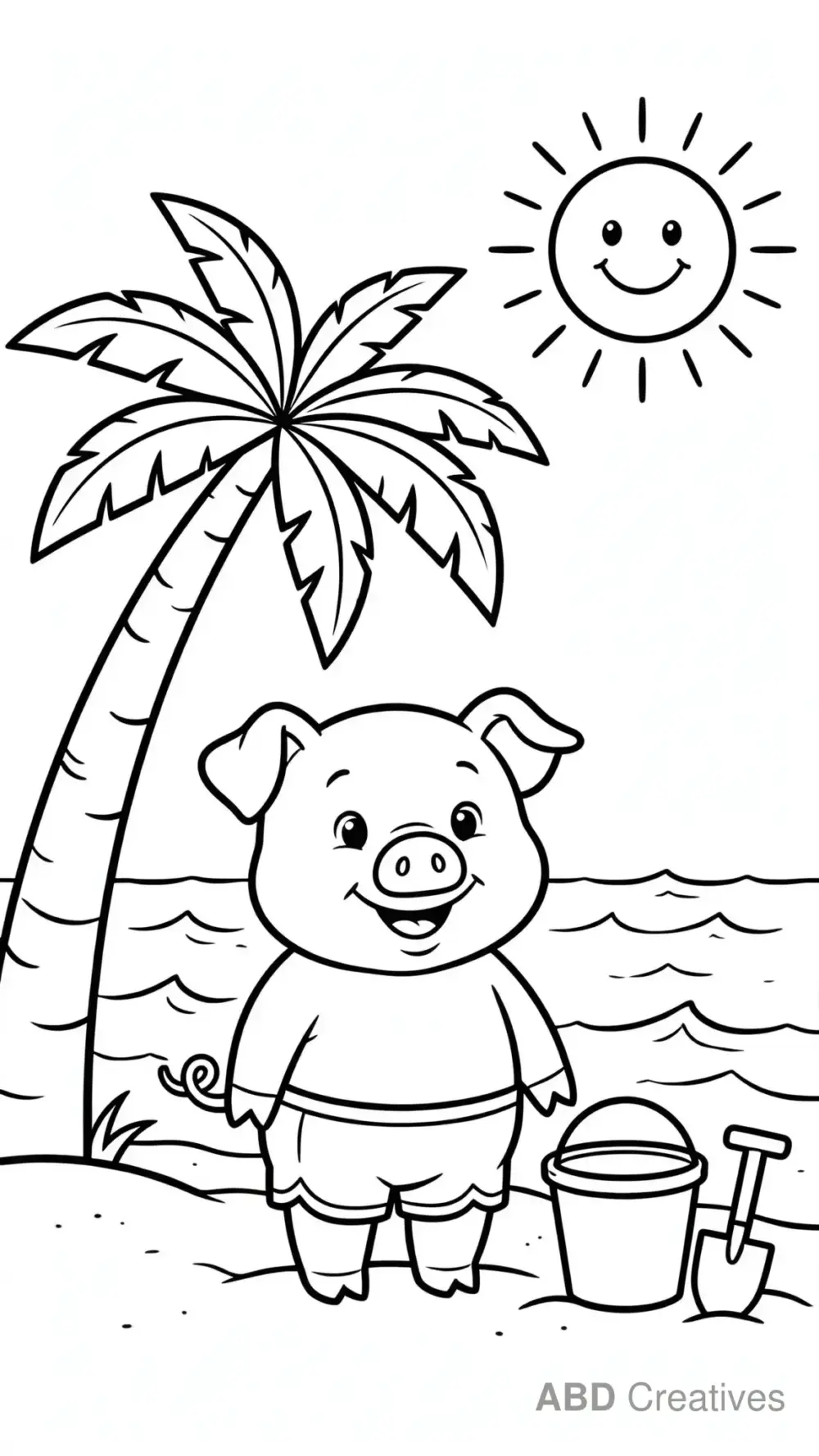 Pig at the Beach with a Palm Tree Coloring Page