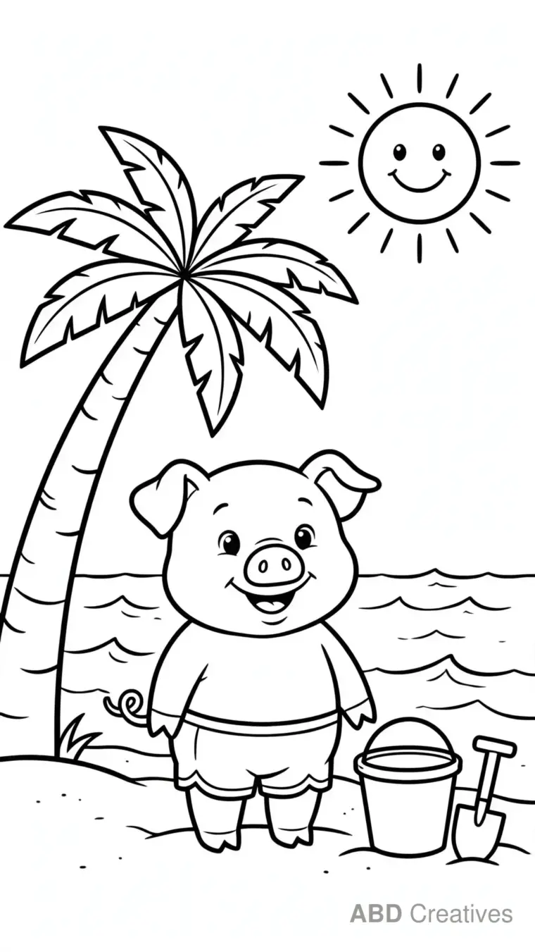 Pig at the Beach with a Palm Tree Coloring Page