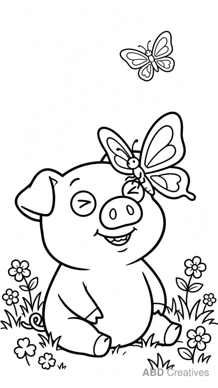 Pig with a Butterfly on Its Snout Coloring Page