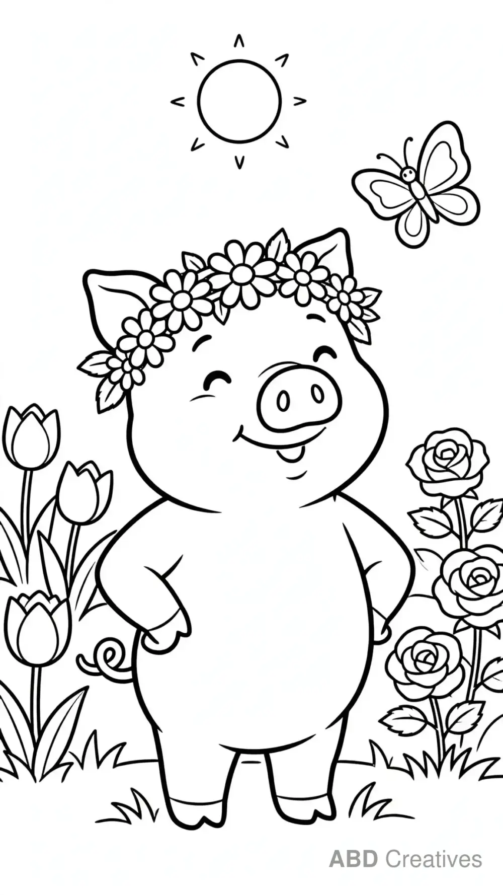 Pig with a Flower Crown in the Garden Coloring Page