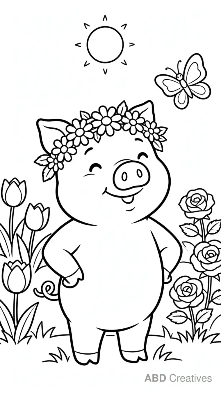 Pig with a Flower Crown in the Garden Coloring Page