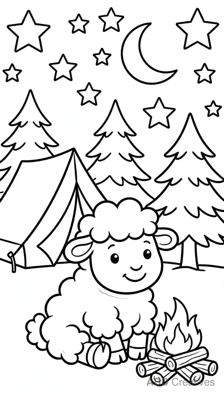 Sheep Camping Under the Stars Coloring Page