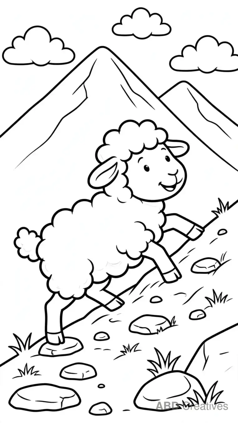 Sheep Climbing a Rocky Mountain Coloring Page