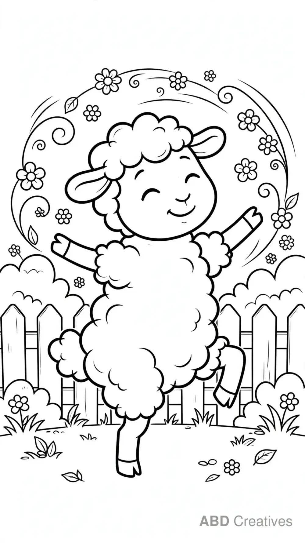 Sheep Dancing in a Flower Garden Coloring Page