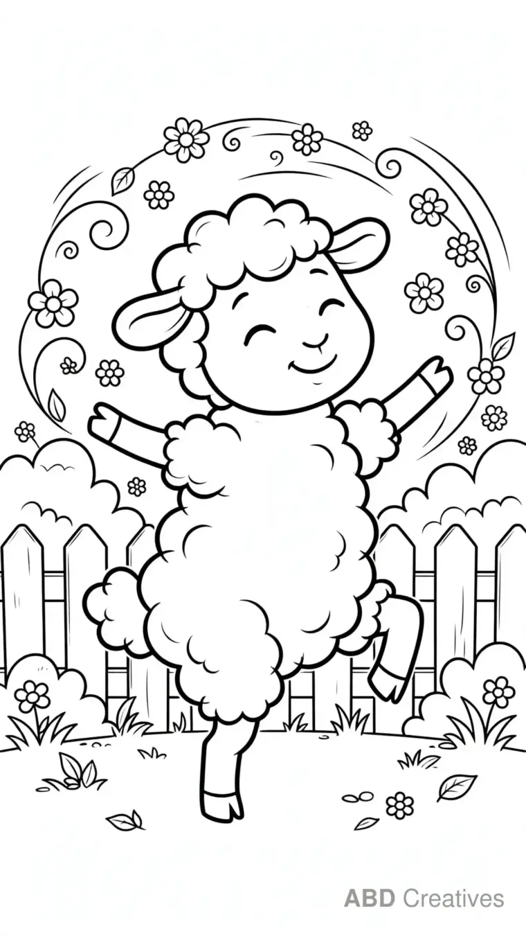 Sheep Dancing in a Flower Garden Coloring Page