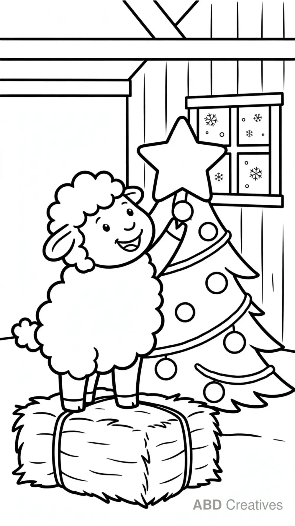 Sheep Decorating the Christmas Barn Coloring Page