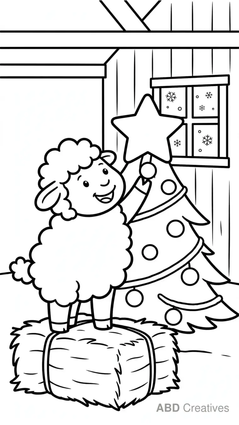 Sheep Decorating the Christmas Barn Coloring Page