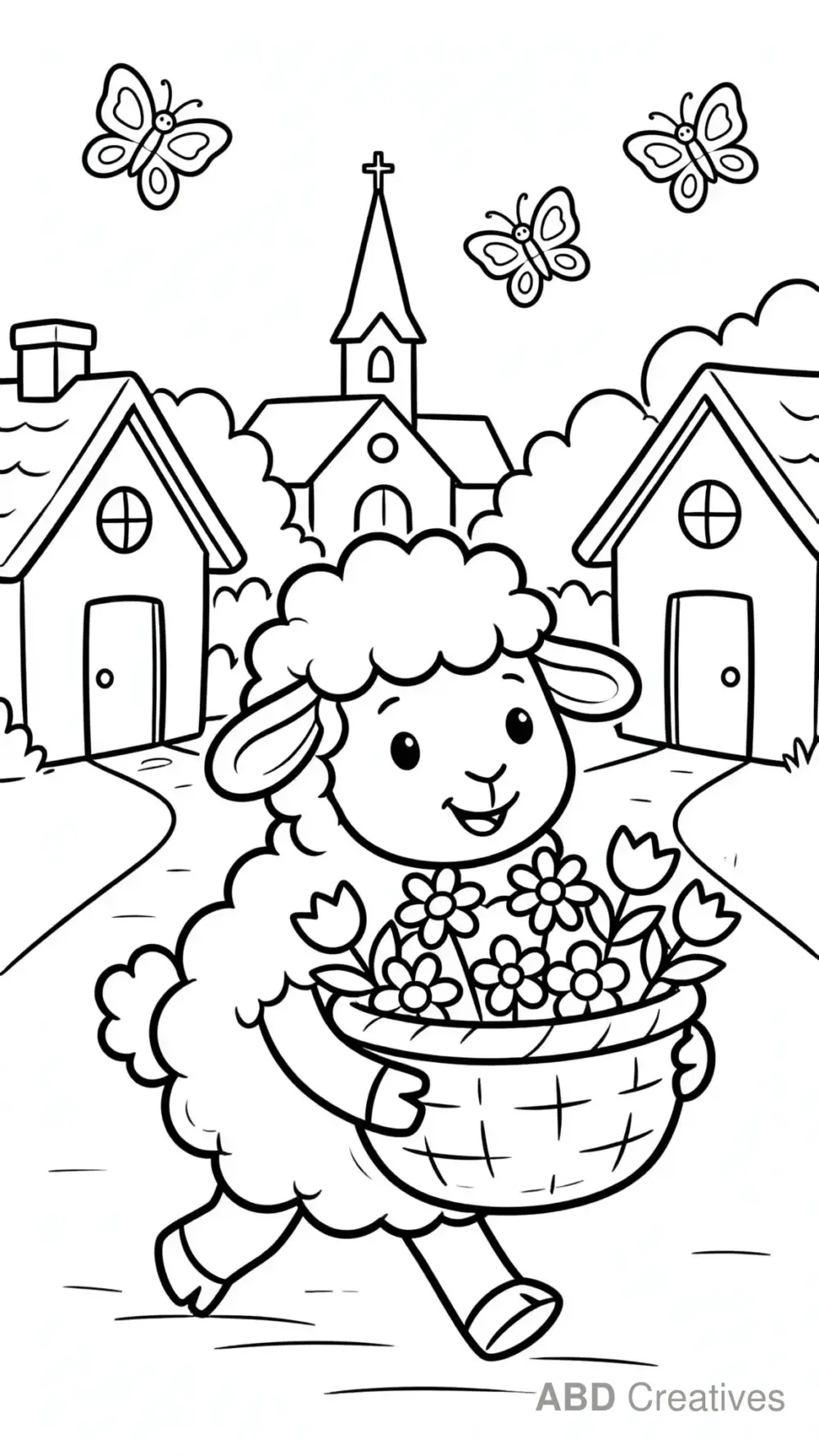 Sheep Delivering Flowers in the Village Coloring Page