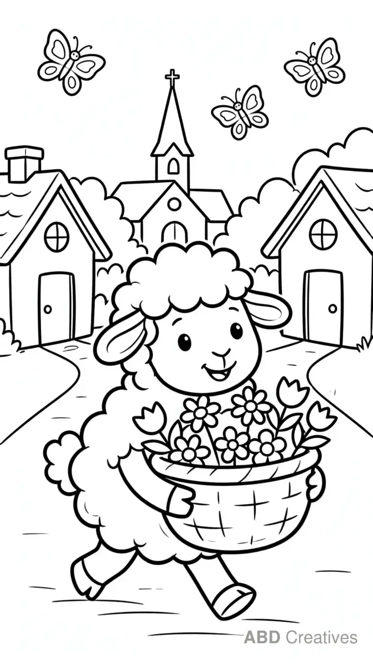 Sheep Delivering Flowers in the Village Coloring Page