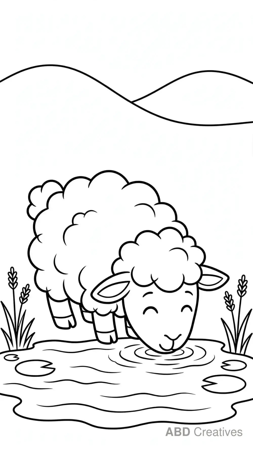 Sheep Drinking from a Pond Coloring Page