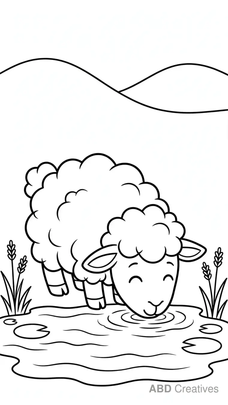 Sheep Drinking from a Pond Coloring Page