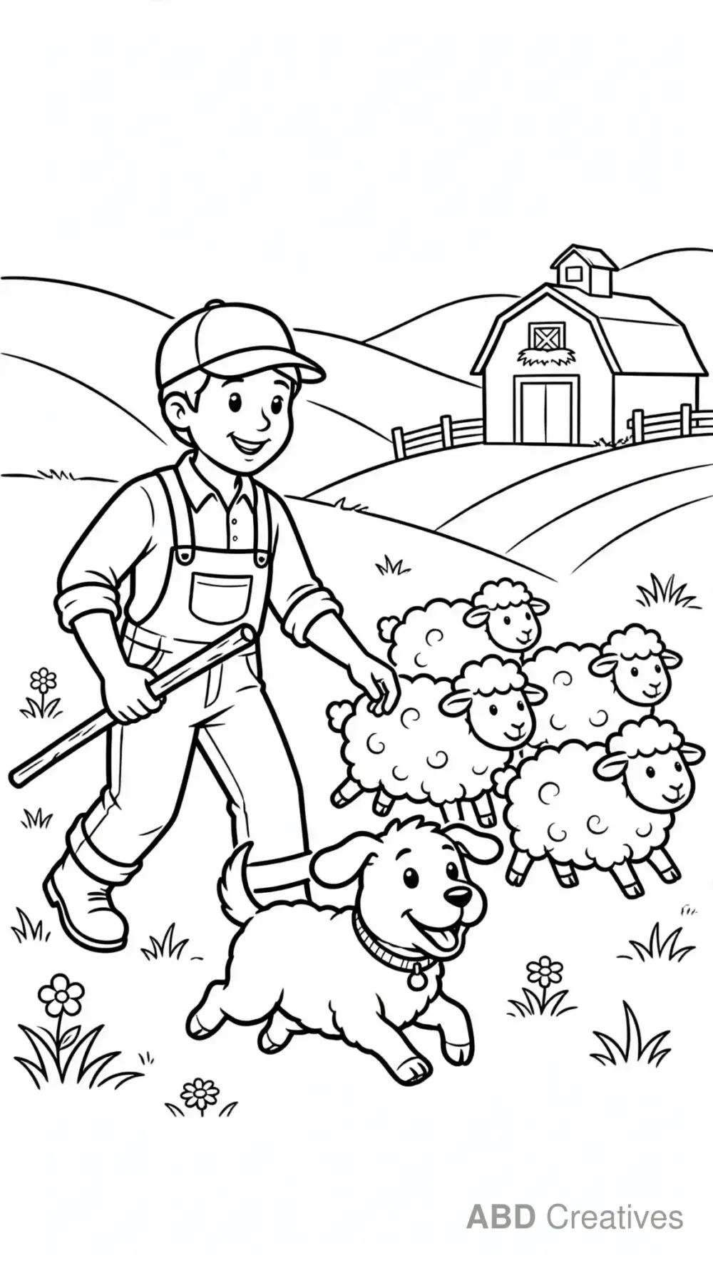 Sheep Farmer Herding Sheep with a Sheepdog Coloring Page