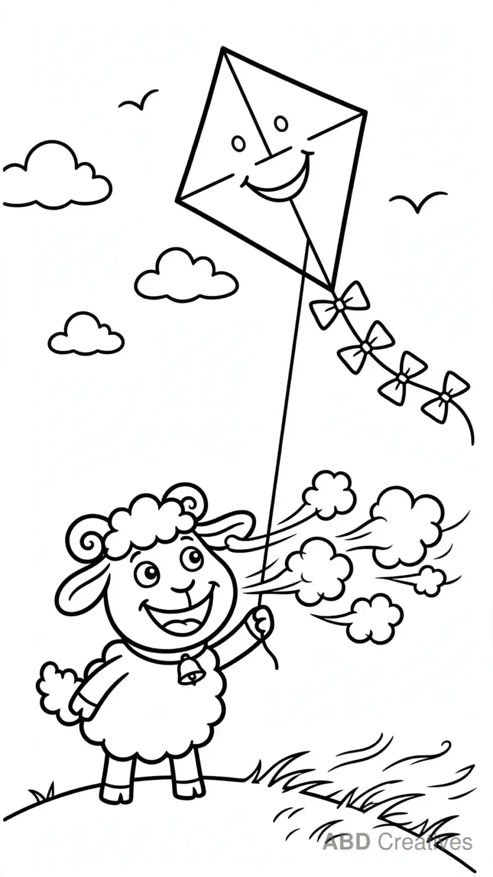 Sheep Flying a Kite on a Windy Hill Coloring Page