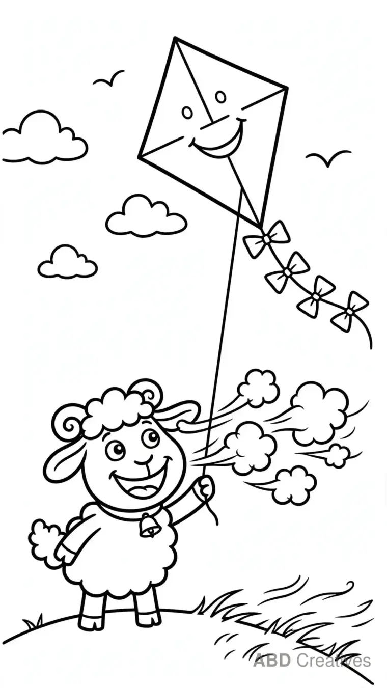 Sheep Flying a Kite on a Windy Hill Coloring Page