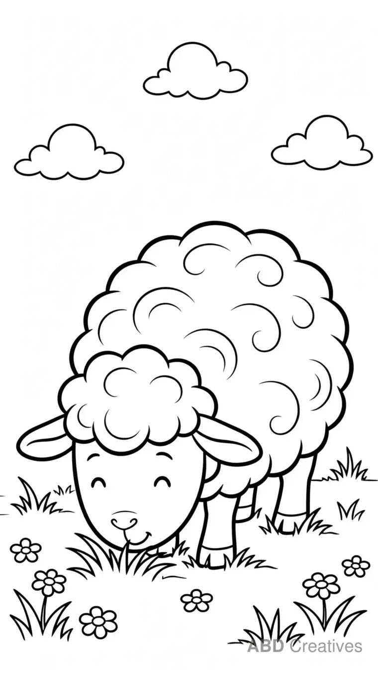 Sheep Grazing in a Green Meadow Coloring Page