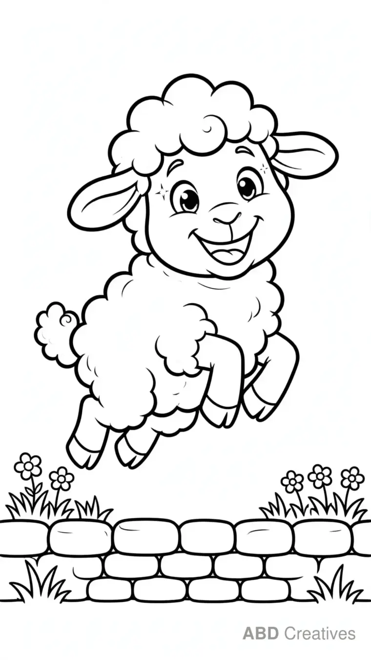 Sheep Jumping Over a Stone Fence Coloring Page