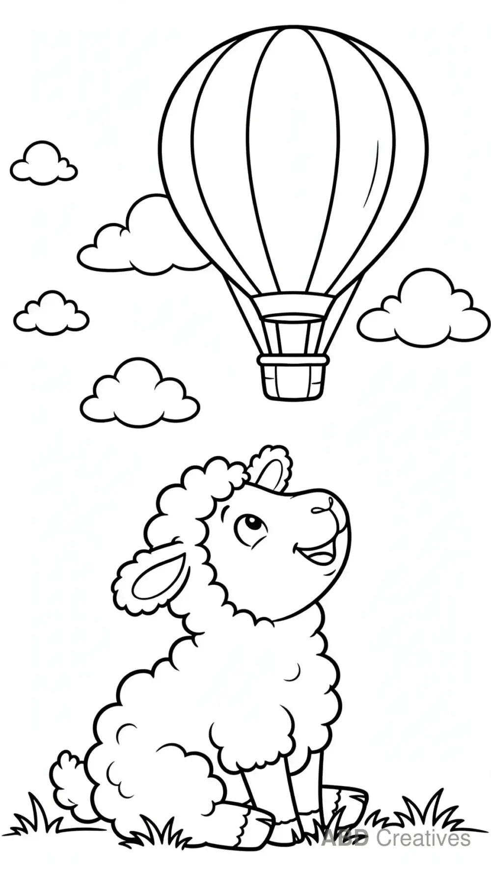 Sheep Looking Up at a Hot Air Balloon Coloring Page