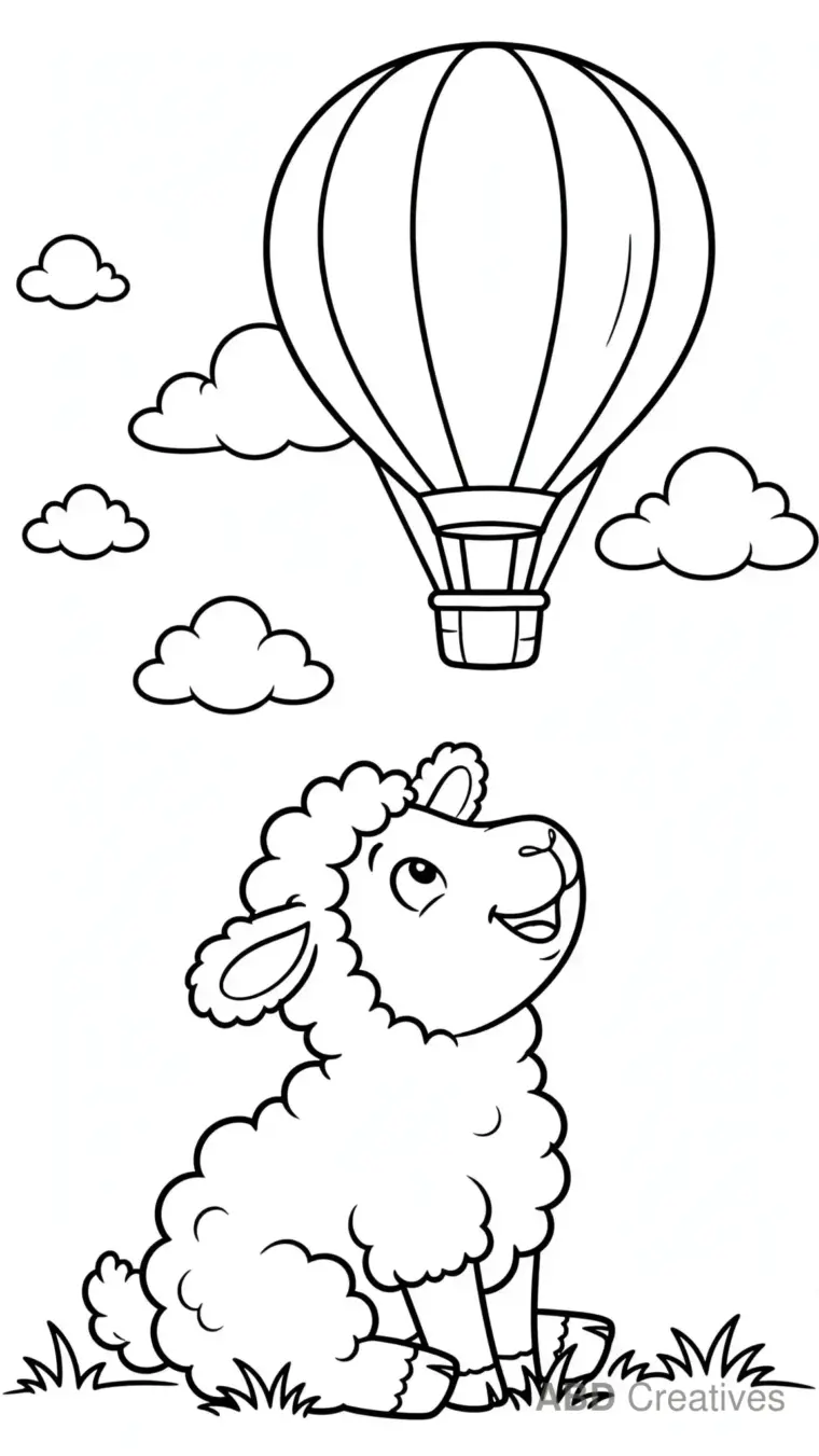 Sheep Looking Up at a Hot Air Balloon Coloring Page