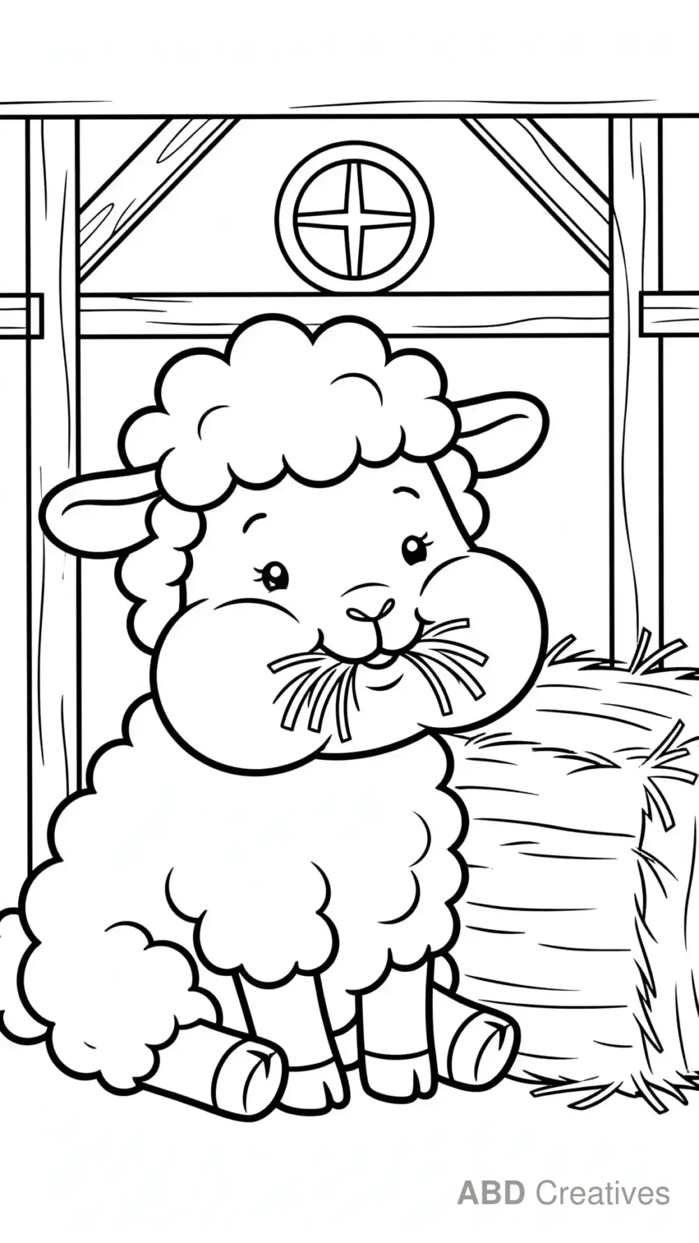 Sheep Munching Hay in the Barn Coloring Page