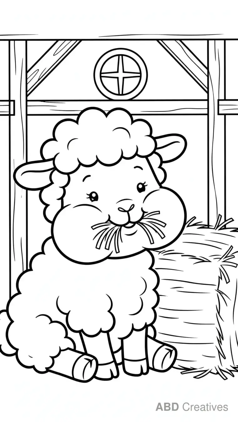 Sheep Munching Hay in the Barn Coloring Page