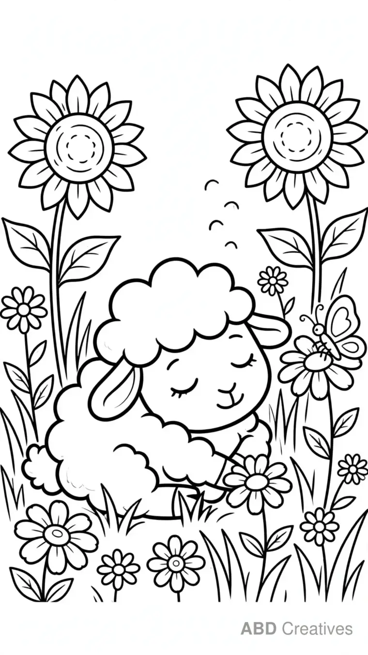 Sheep Napping in a Flower Field Coloring Page