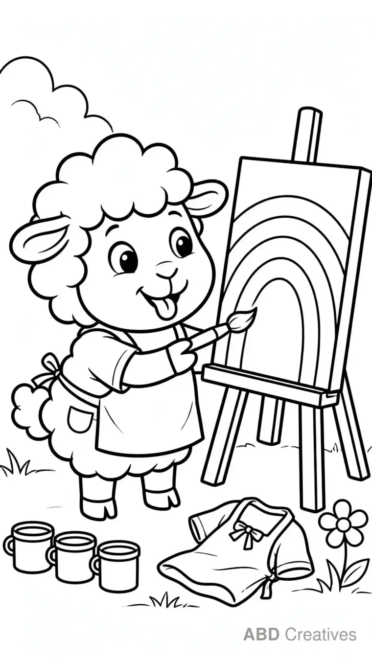 Sheep Painting a Rainbow Picture Coloring Page