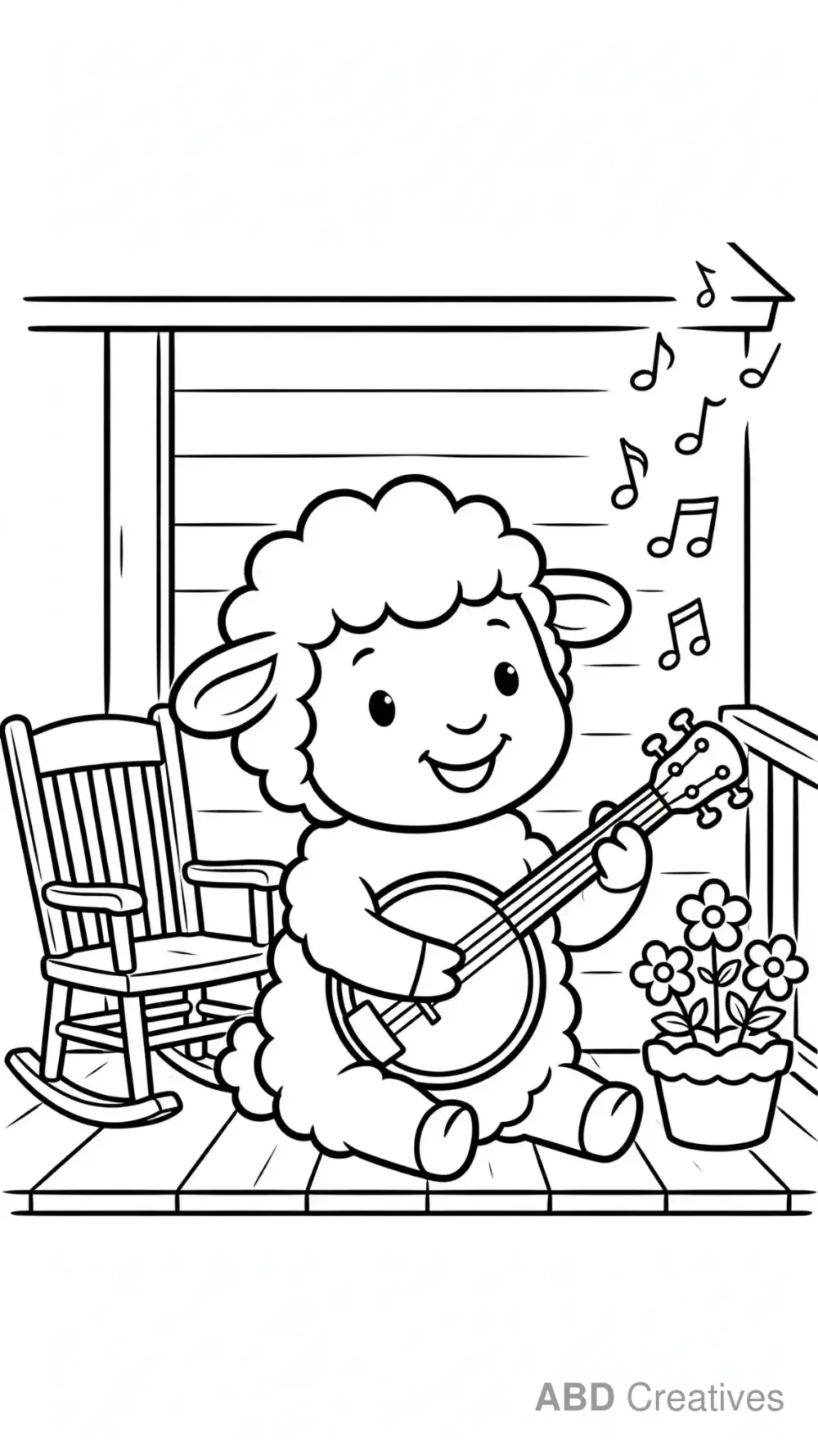 Sheep Playing a Banjo on the Porch Coloring Page