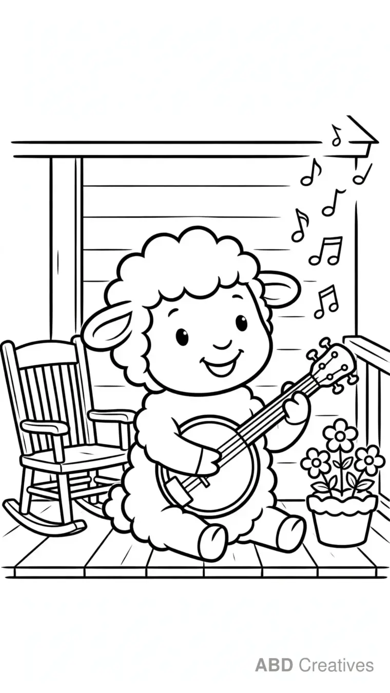 Sheep Playing a Banjo on the Porch Coloring Page