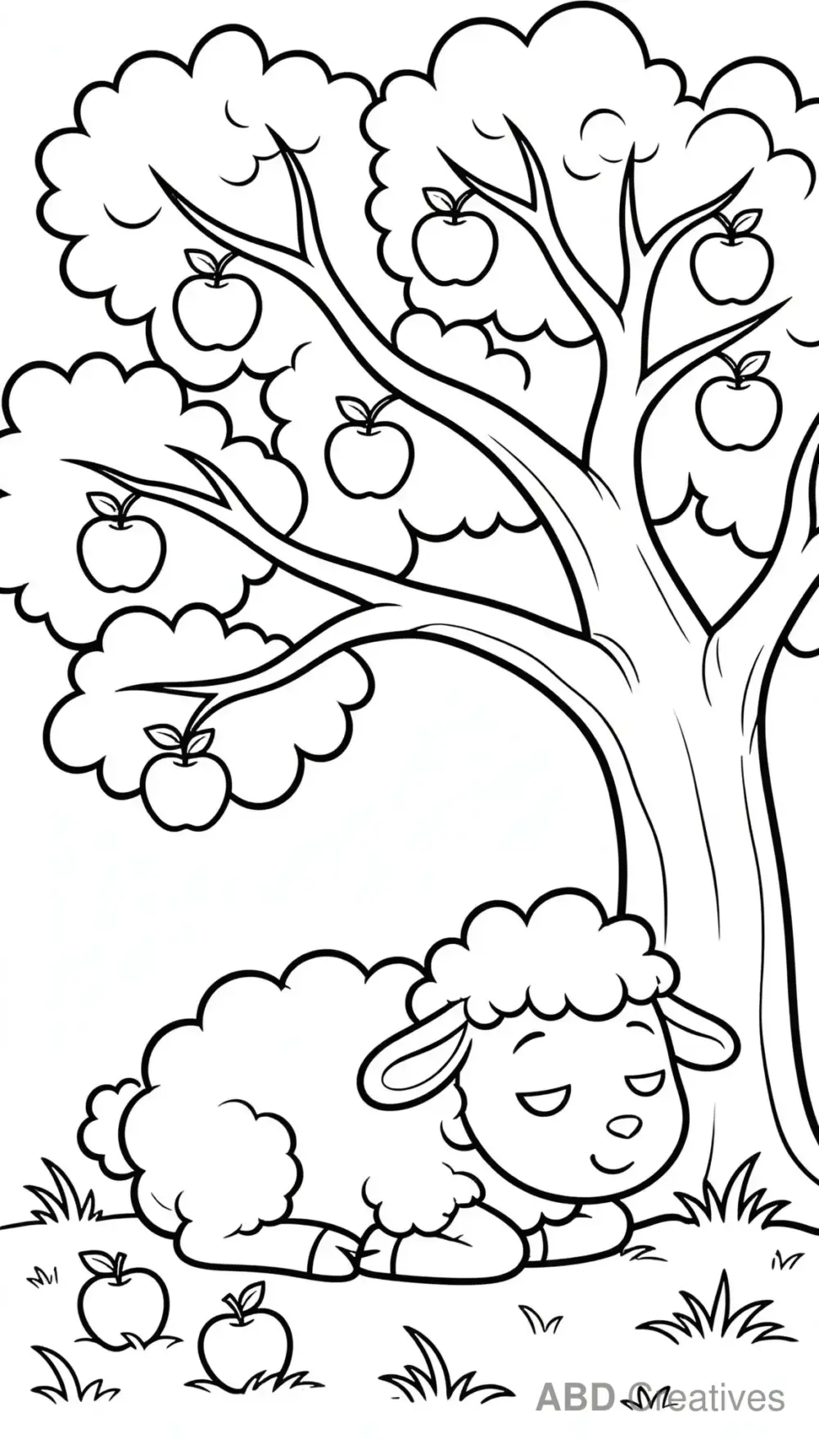 Sheep Resting Under an Apple Tree Coloring Page