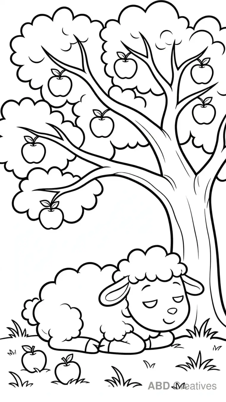 Sheep Resting Under an Apple Tree Coloring Page