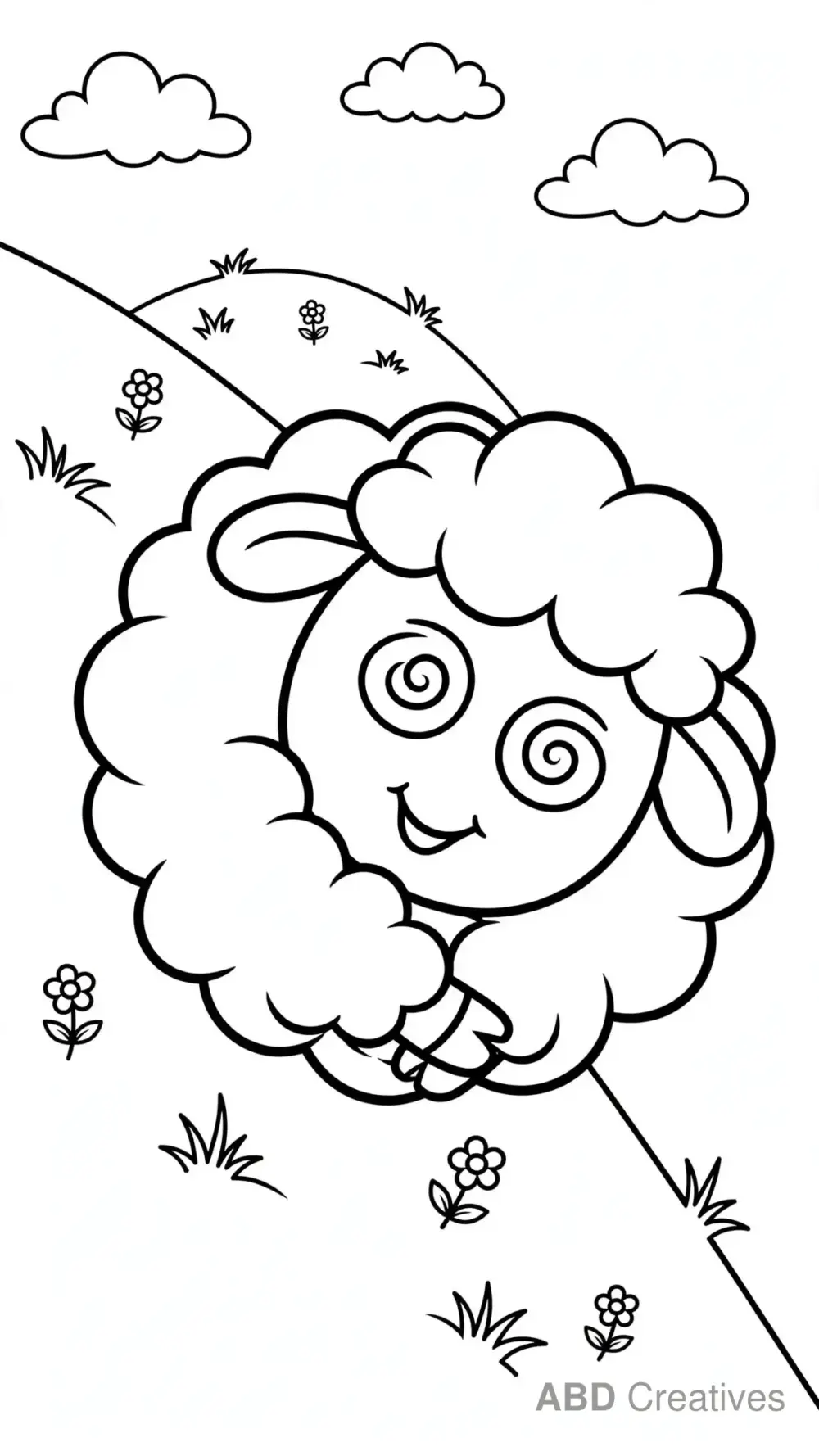 Sheep Rolling Down a Grassy Hill Coloring Page