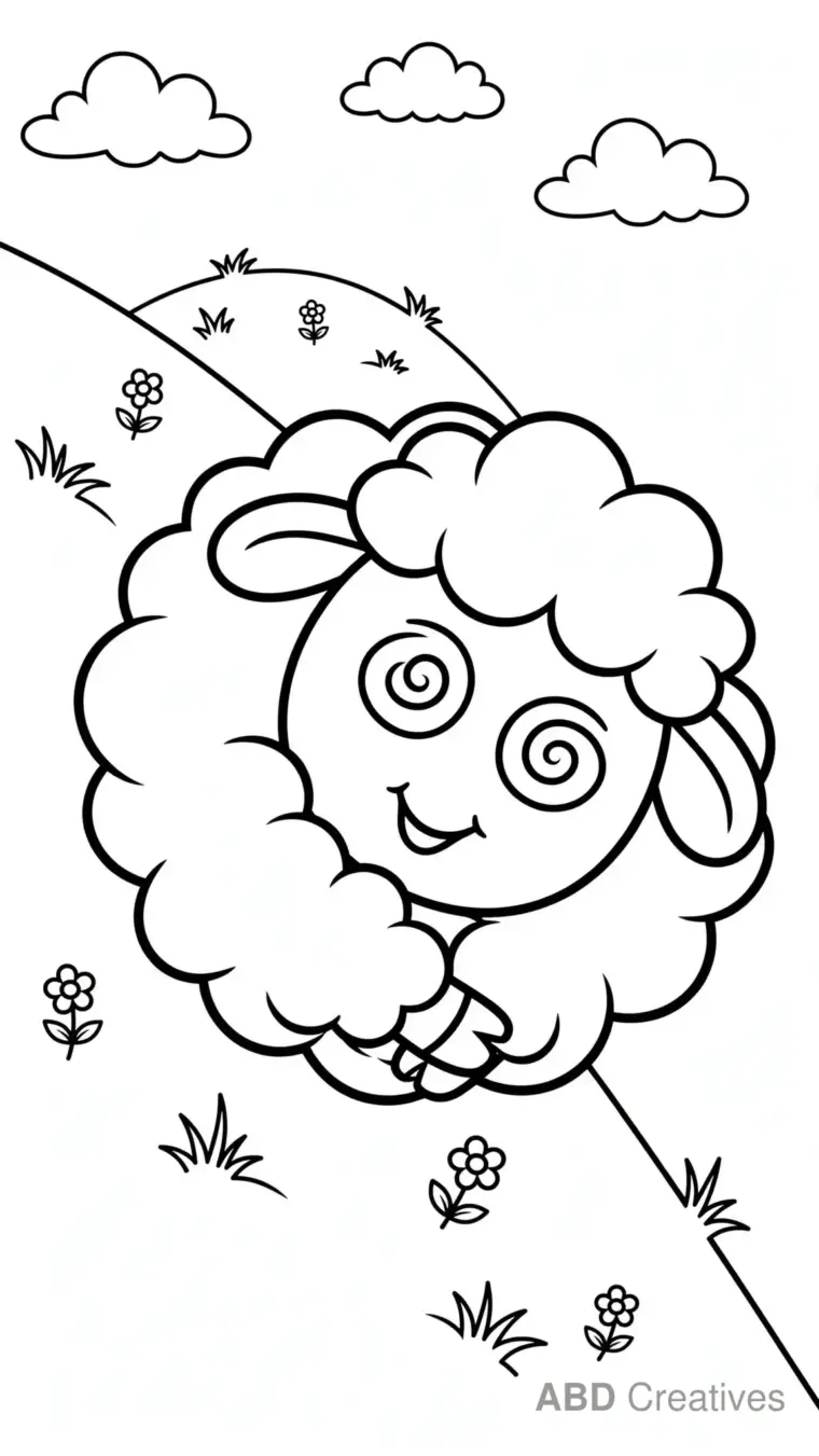 Sheep Rolling Down a Grassy Hill Coloring Page