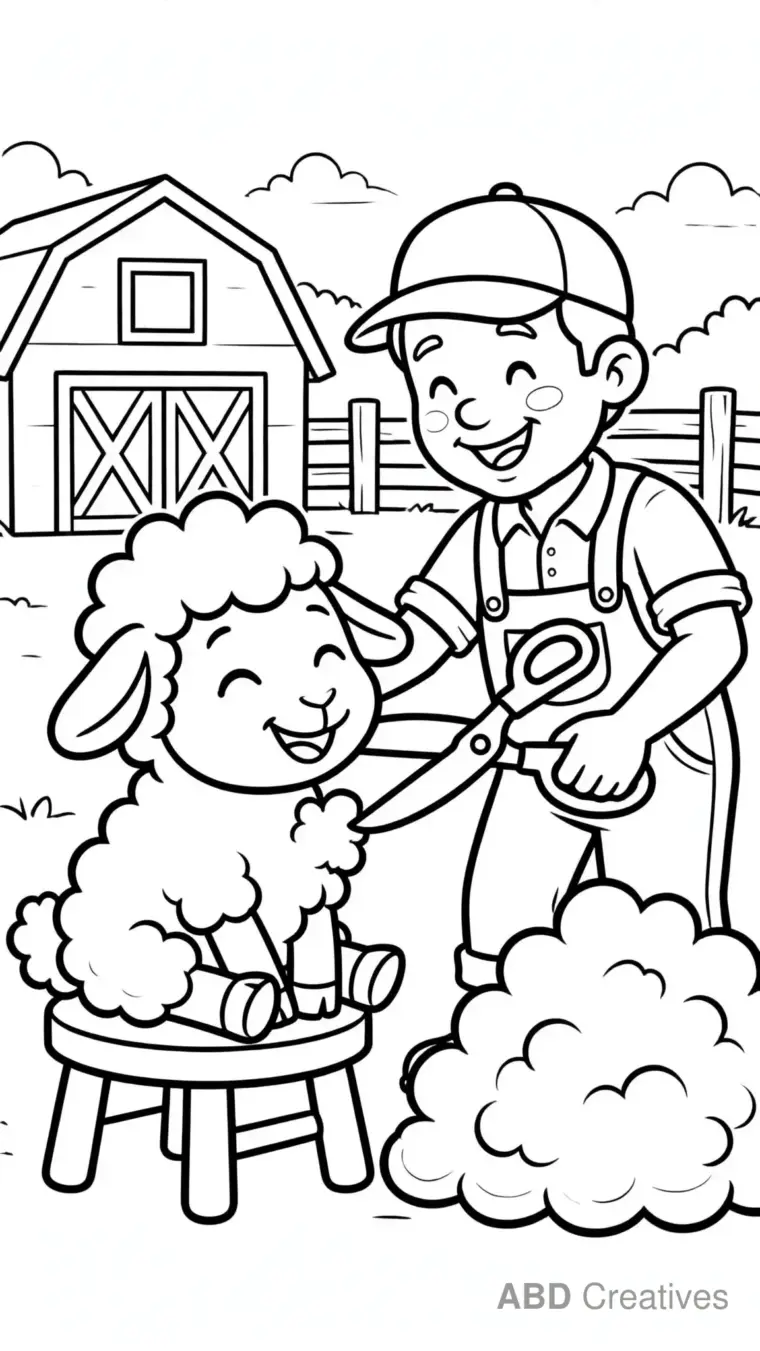 Sheep Shearing Day with a Farmer Coloring Page
