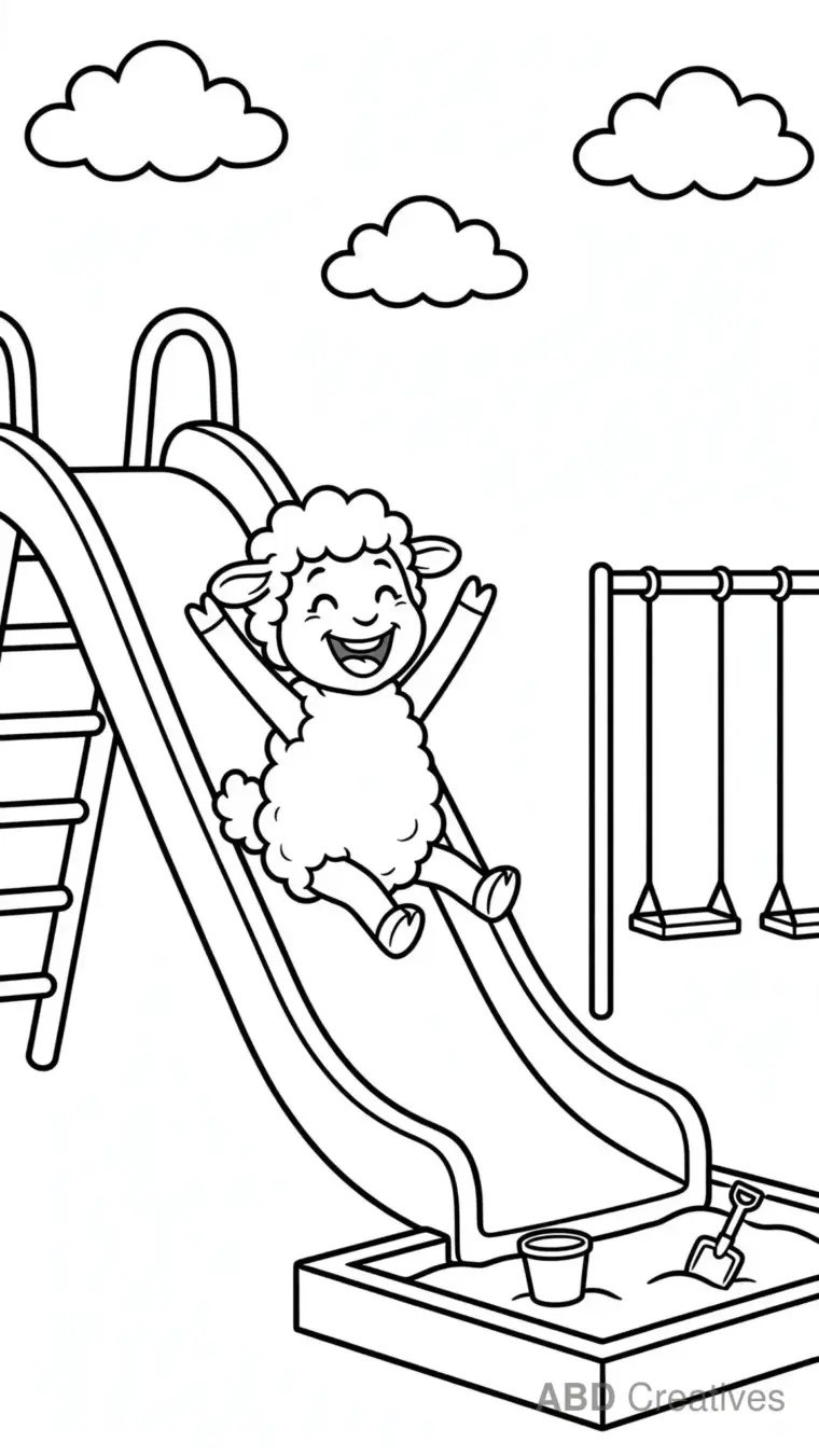 Sheep Sliding Down a Playground Slide Coloring Page