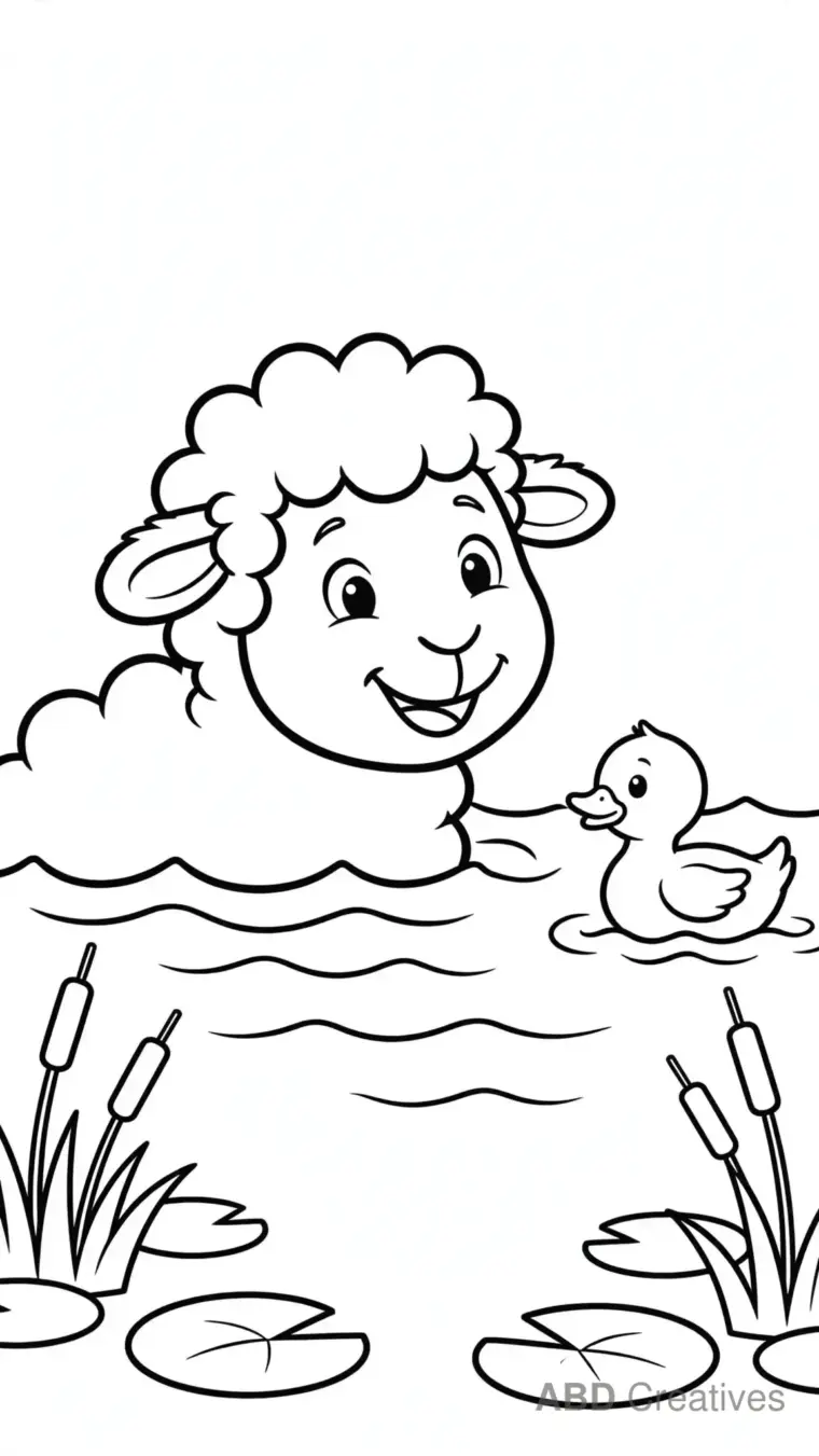 Sheep Swimming in a Farm Pond Coloring Page