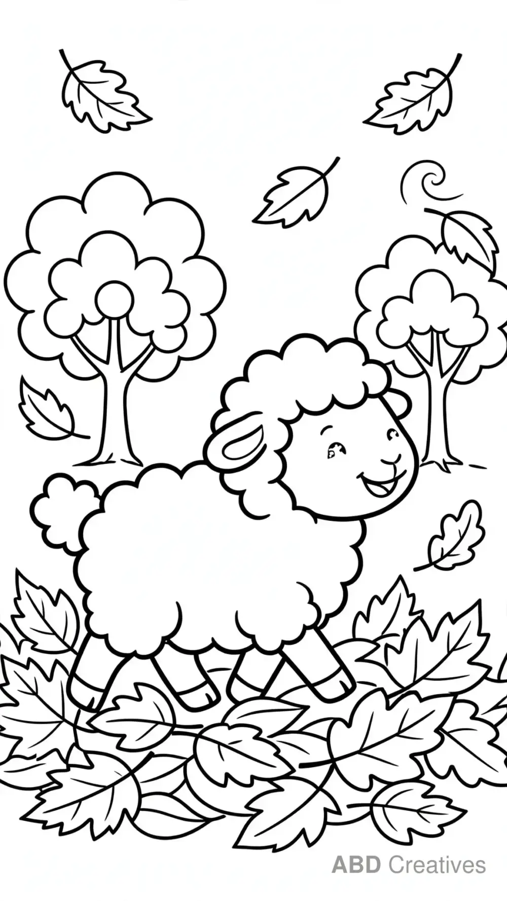 Sheep Walking Through Autumn Leaves Coloring Page