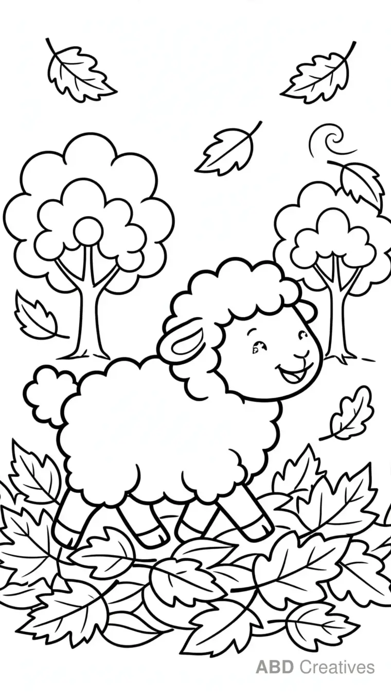 Sheep Walking Through Autumn Leaves Coloring Page
