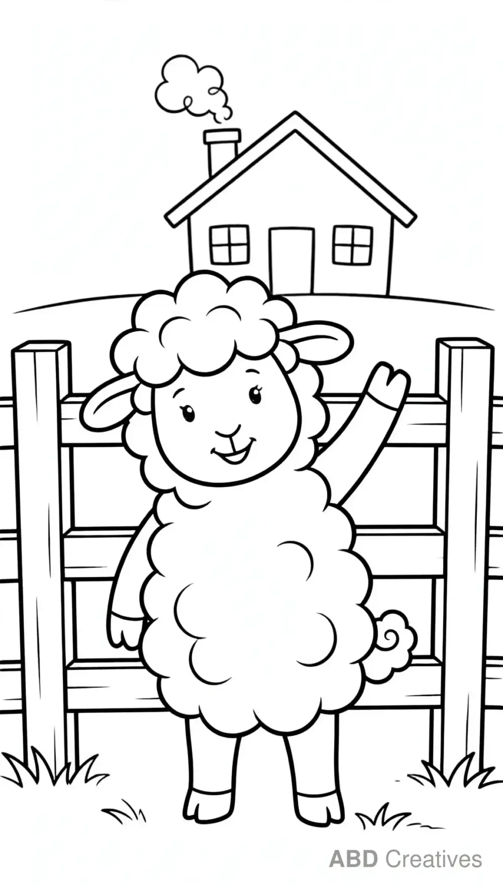 Sheep Waving Hello at the Farm Gate Coloring Page