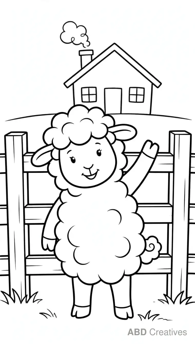 Sheep Waving Hello at the Farm Gate Coloring Page
