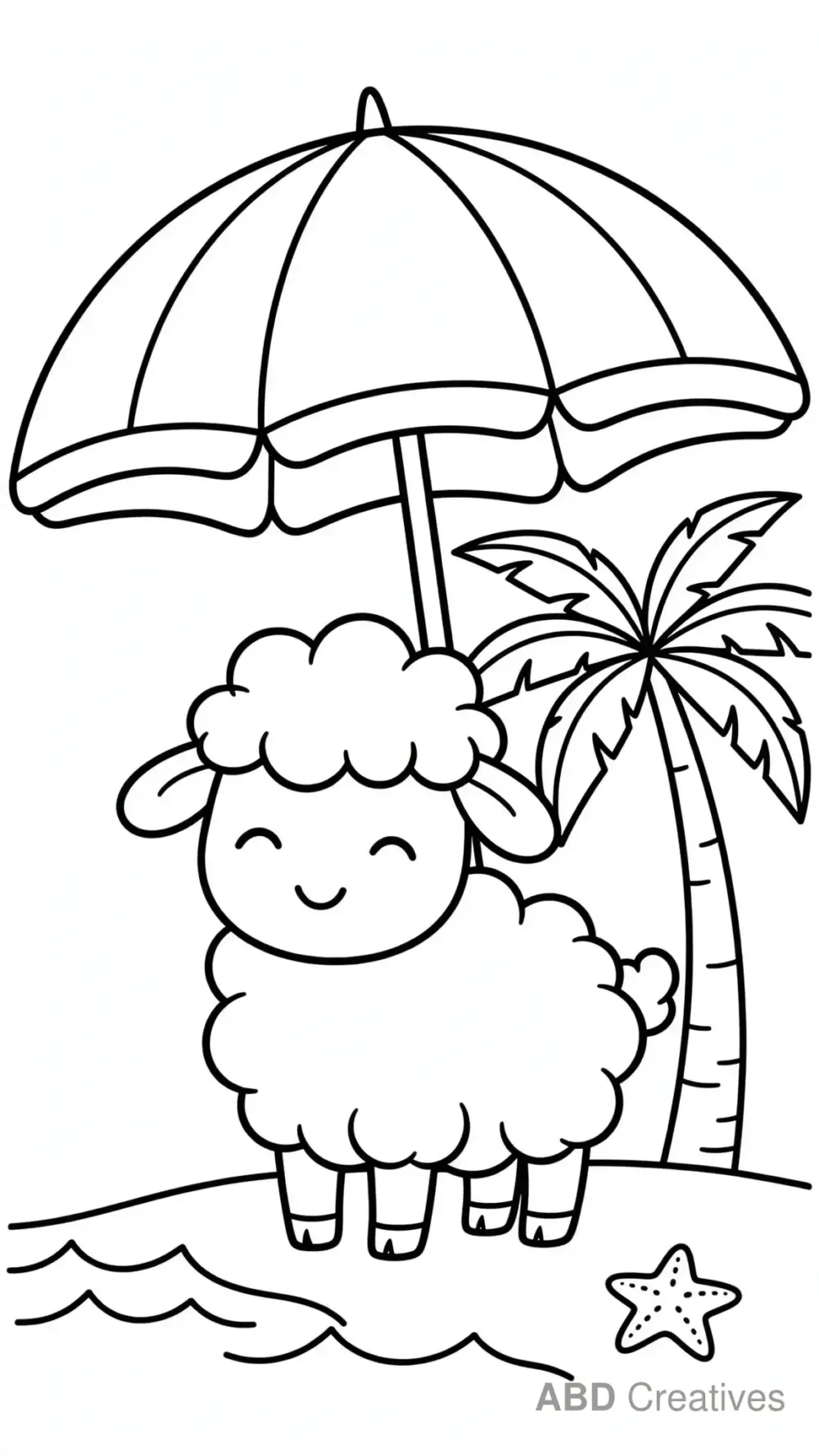 Sheep at the Beach with a Beach Umbrella Coloring Page