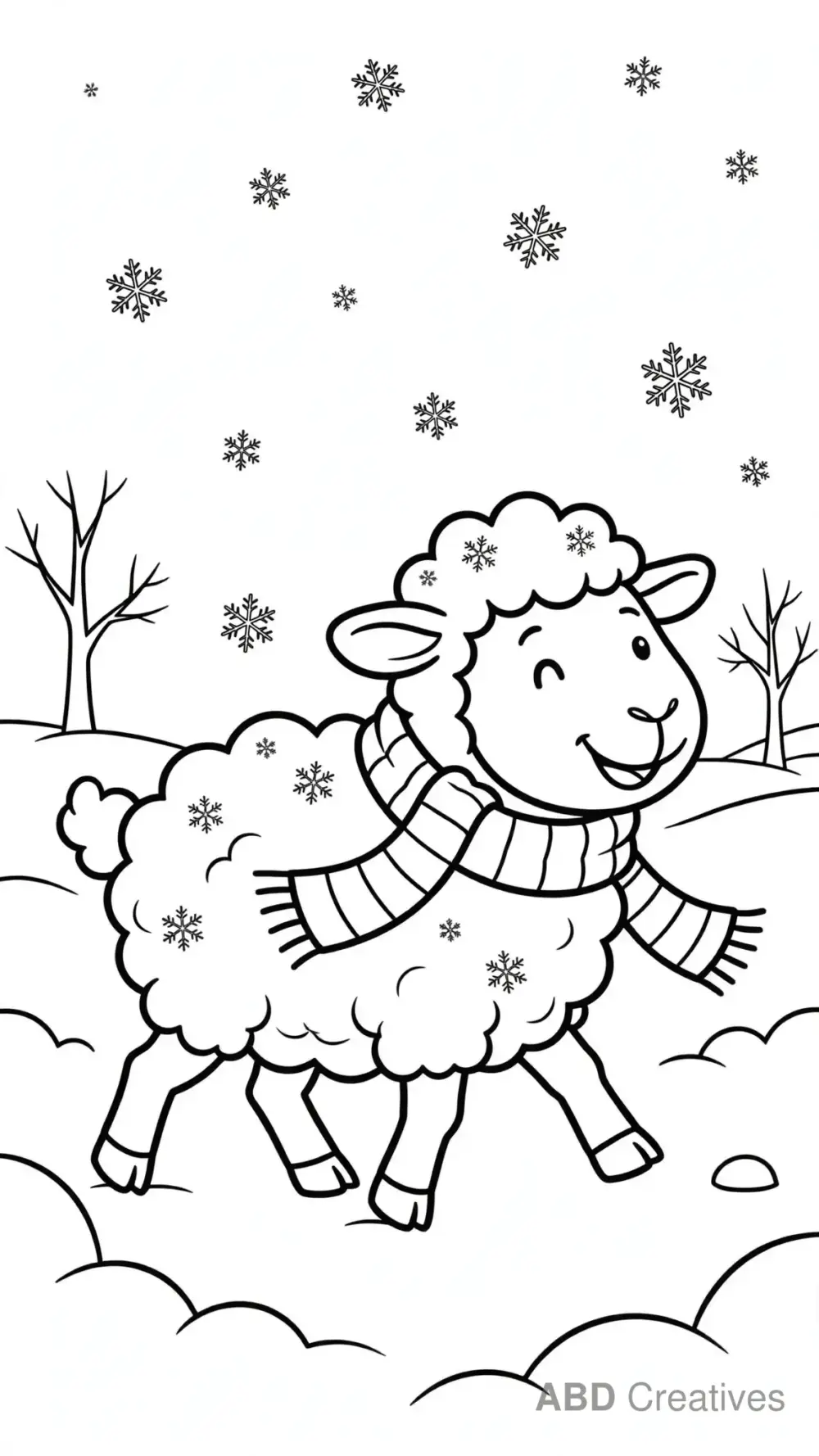 Sheep in a Winter Snow Field Wearing a Scarf Coloring Page