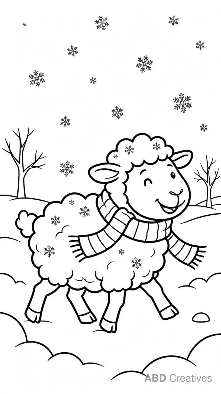 Sheep in a Winter Snow Field Wearing a Scarf Coloring Page