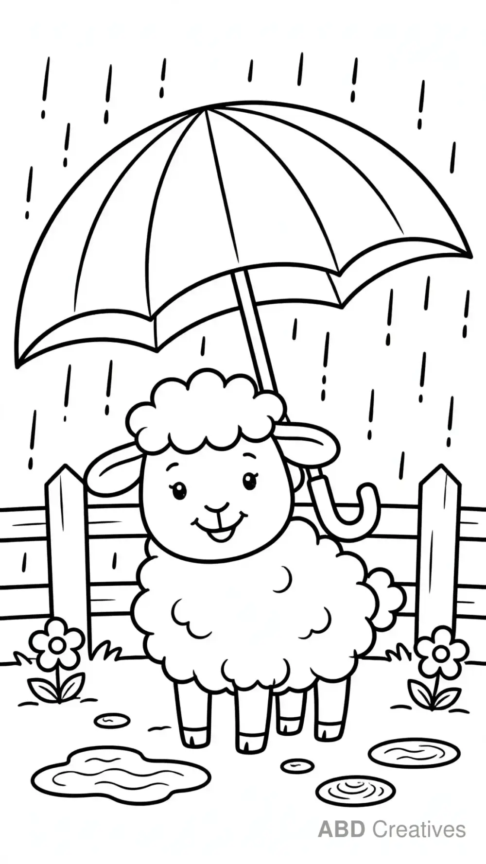 Sheep in the Rain with an Umbrella Coloring Page