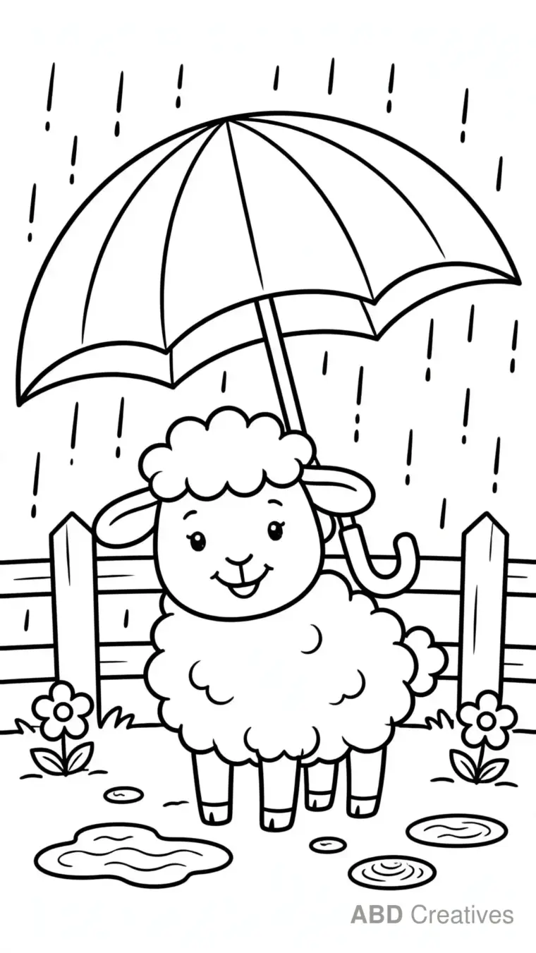 Sheep in the Rain with an Umbrella Coloring Page