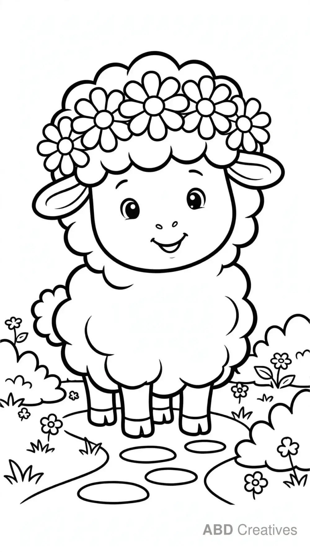 Sheep with a Flower Crown in the Garden Coloring Page