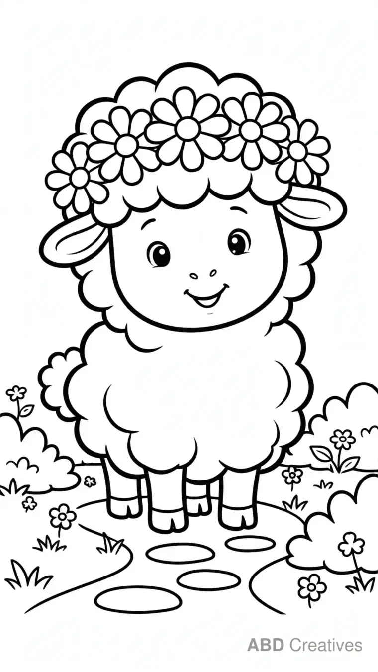 Sheep with a Flower Crown in the Garden Coloring Page