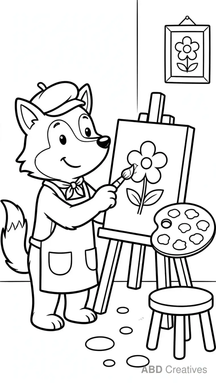 Wolf Artist Painting a Picture Coloring Page